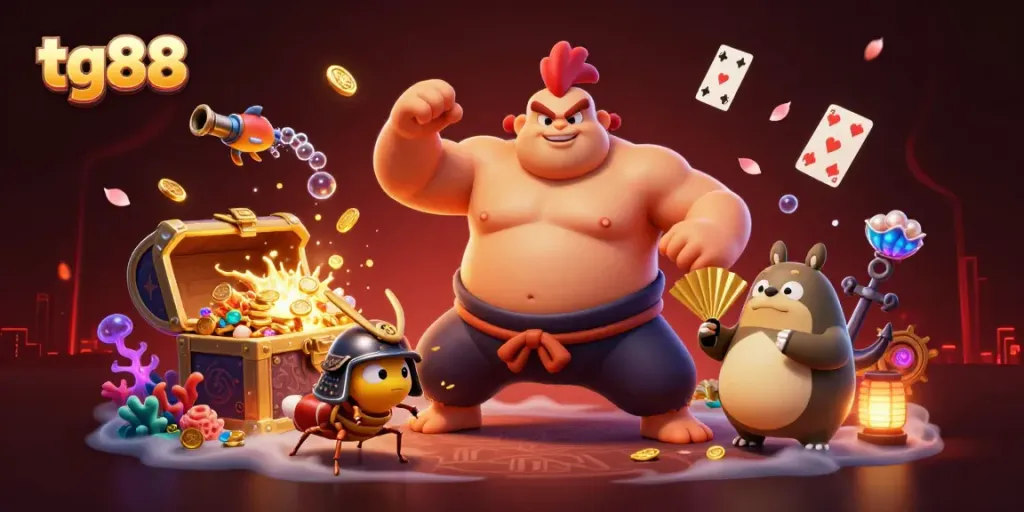 Witness tg88's excitement featuring a 3D sumo wrestler rooster in a dynamic casino scene, surrounded by treasure and games.