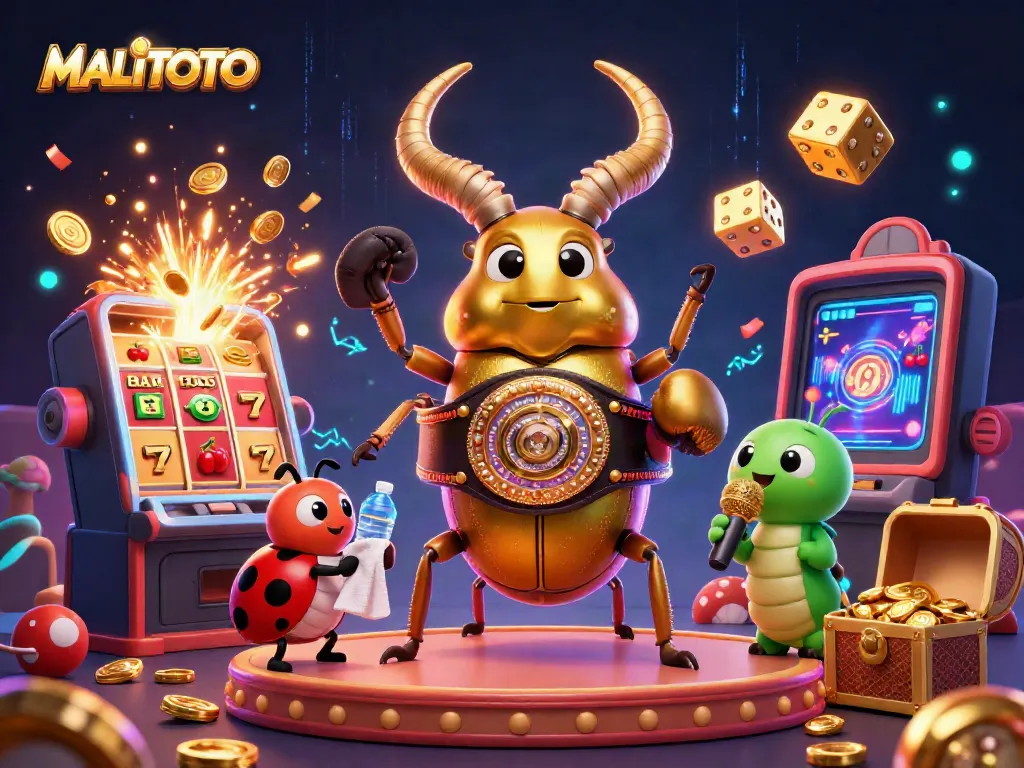 MALITOTO features a vibrant 3D scene with a golden stag beetle and casino elements celebrating big wins.
