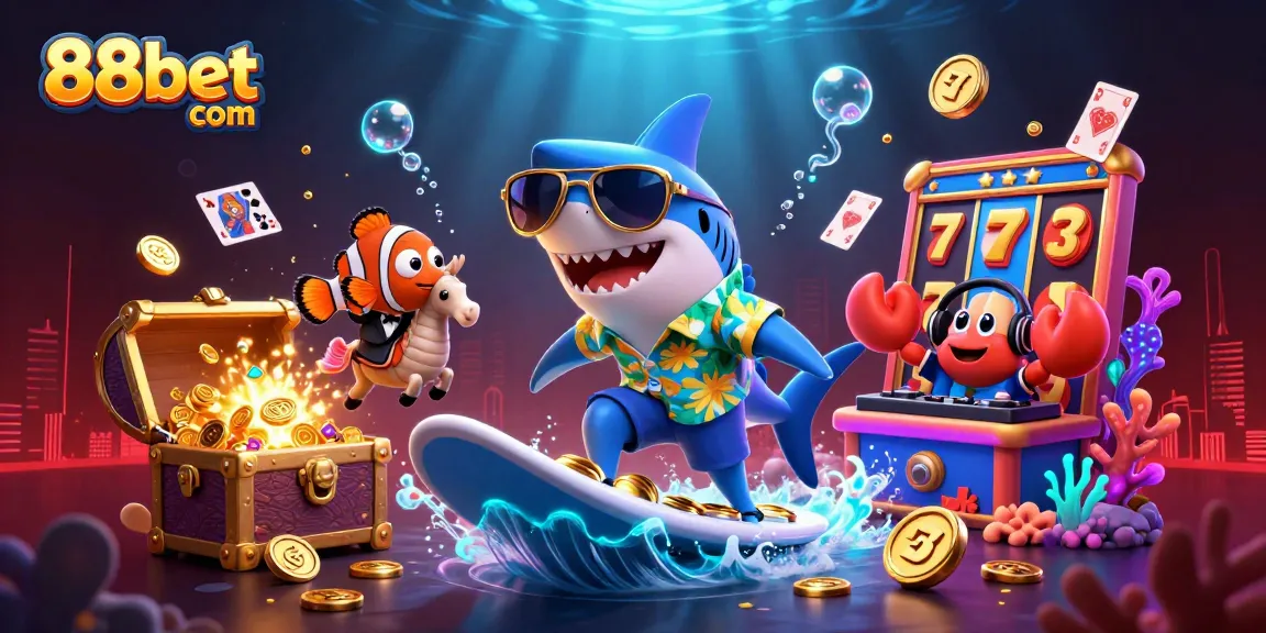 Engage with thrilling games at 88bet com as a hammer-head shark and friends celebrate in a vibrant underwater casino.