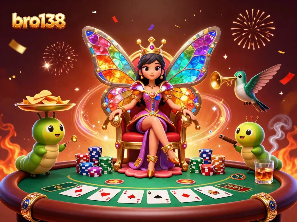 Engage in thrilling gameplay at bro138 with a magical 3D casino scene featuring poker elements.