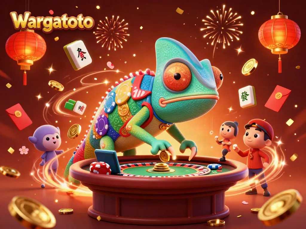 Wargatoto menghadirkan ilustrasi kasino interaktif dengan chameleon luar biasa, mengawasi meja roulette dan ruangan poker.