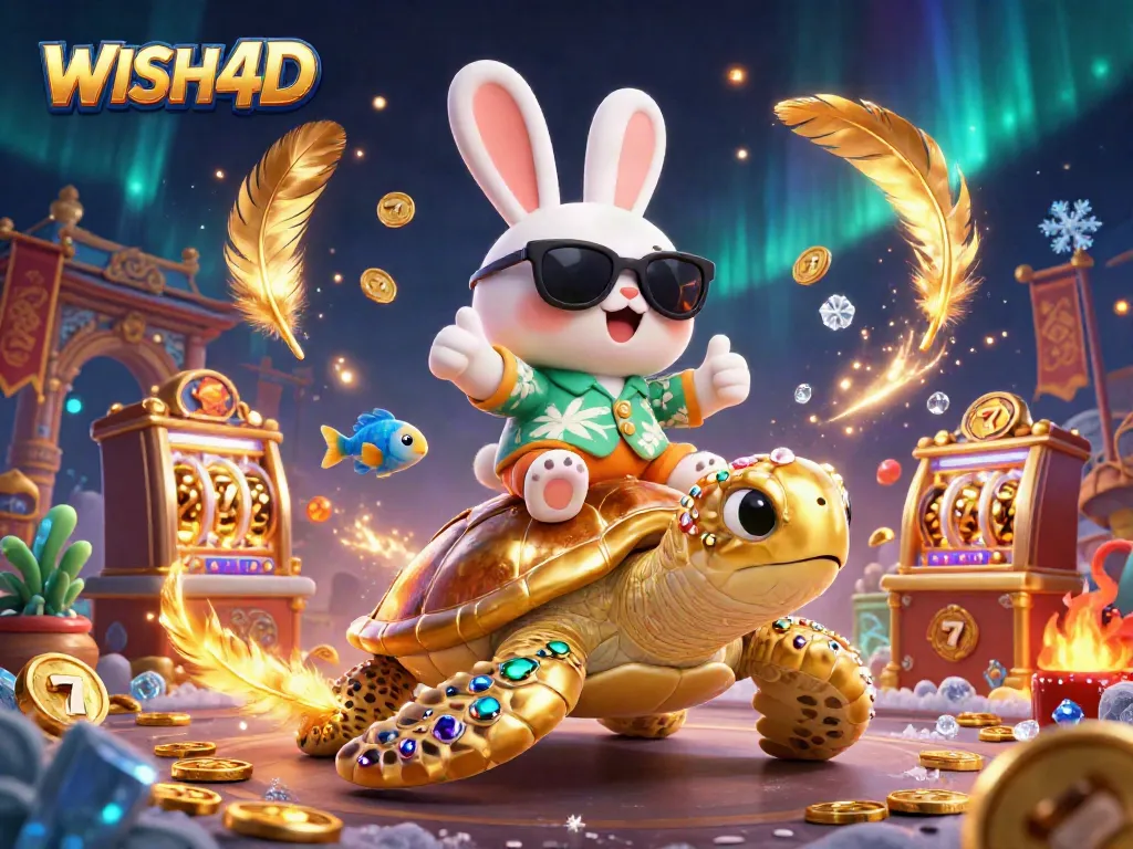 Experience the thrill of WISH4D with a lucky rabbit and golden turtle in a vibrant casino scene.