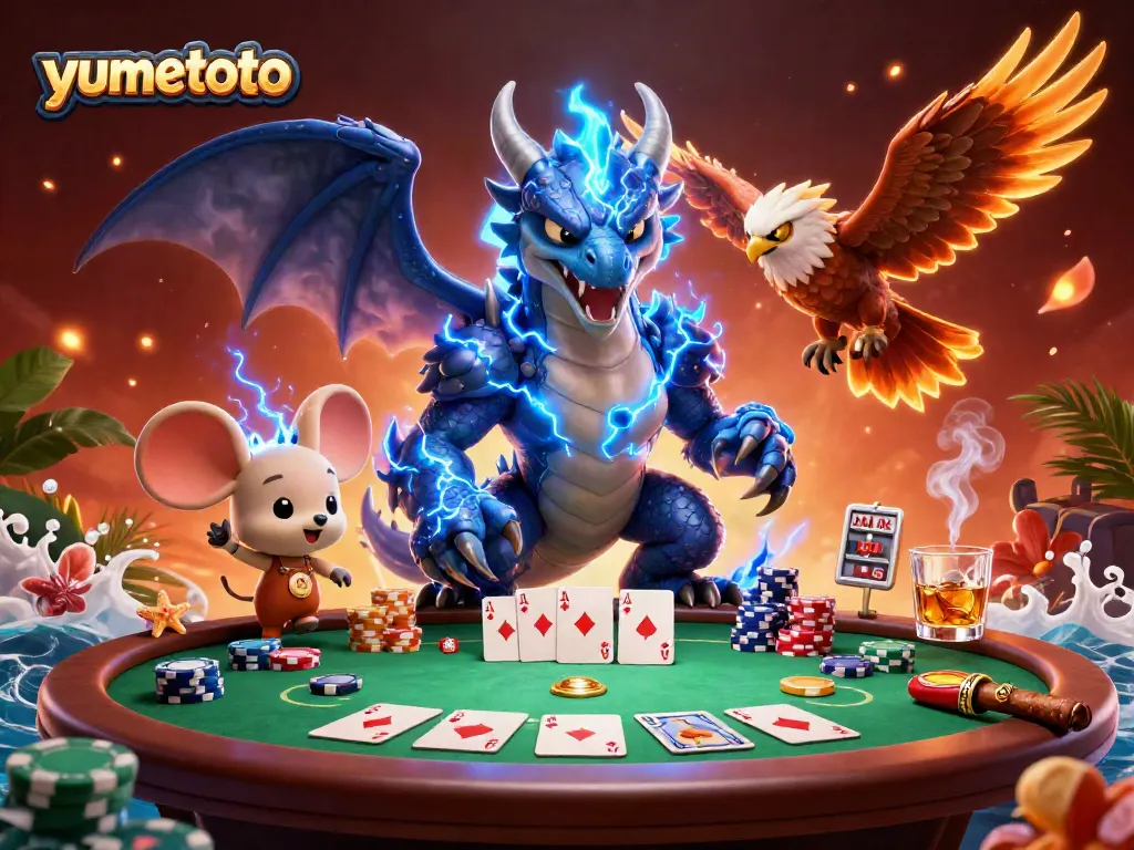 Experience the excitement of yumetoto with thunder dragon and glowing hawk in a vibrant casino scene.