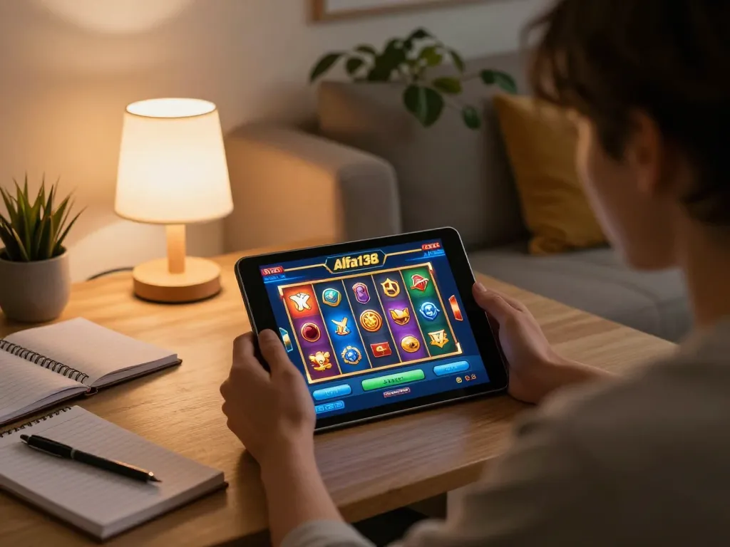 Engaging with alfa138 slot on a tablet at home, showcasing vibrant gameplay and strategic planning.
