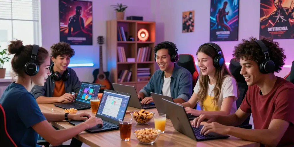 Excited gamers enjoying SLOTGEMBIRA platform with modern setup and colorful lights