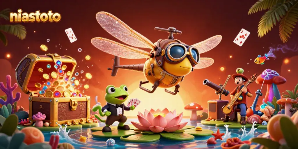 Permainan NIASTOTO dengan croupier katak dan pilot helikopter di kasino padang lily.
