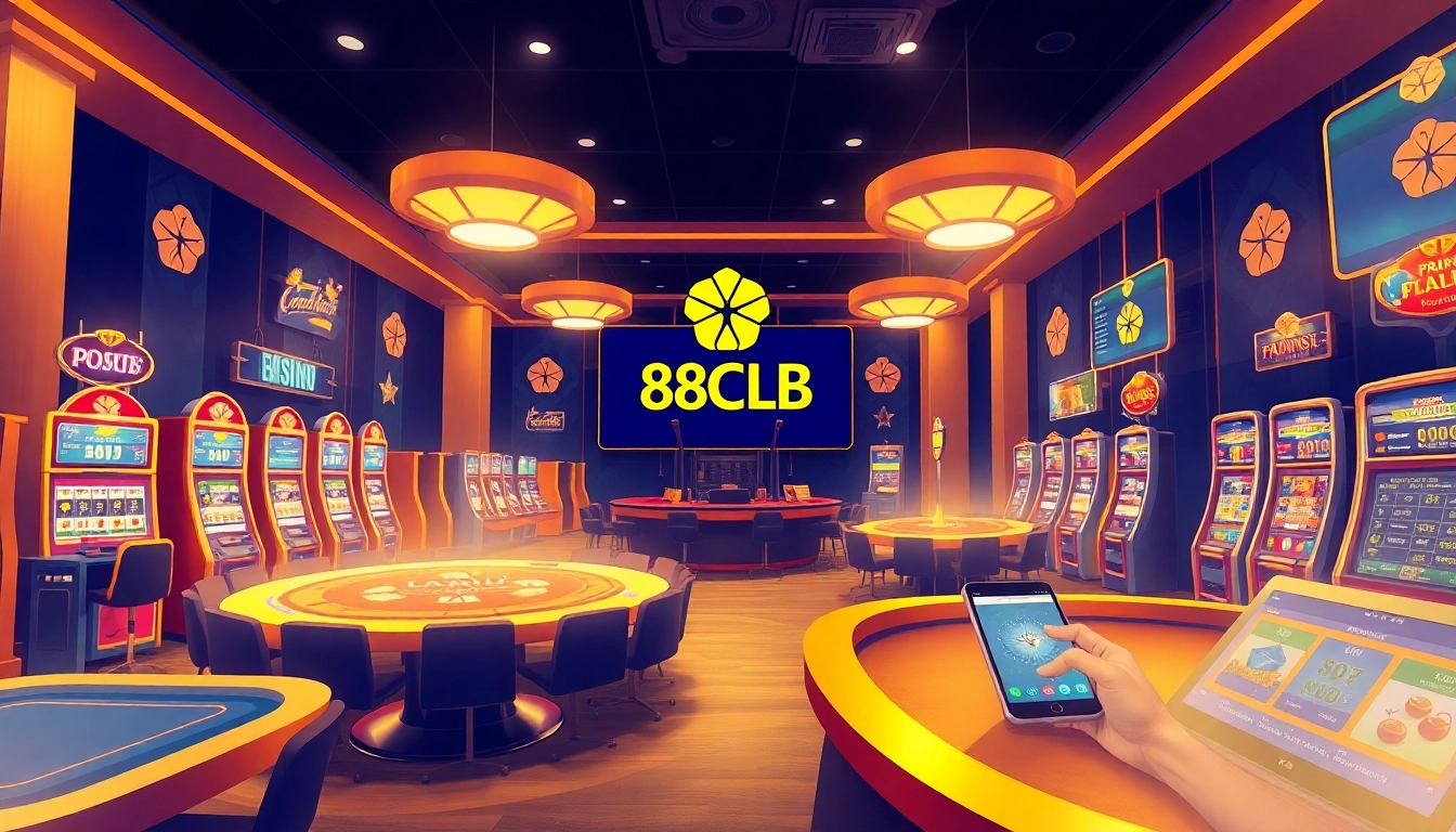 88clb online casino scene with vibrant tables, slot machines, and sports betting interfaces.