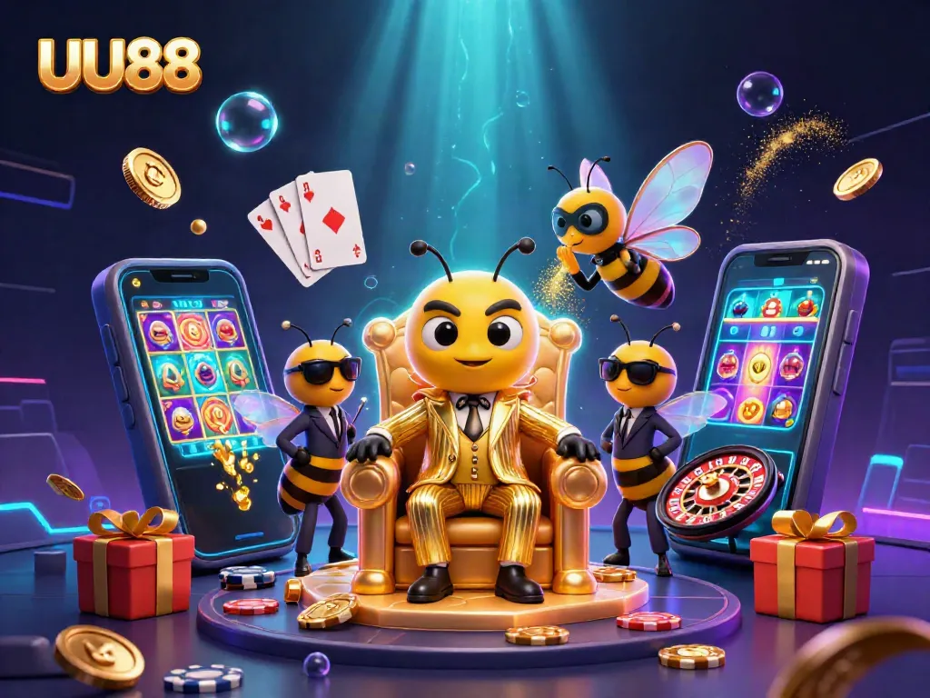 Spin your fortunes at UU88's vibrant slots with our lively casino mascot and exciting game elements.