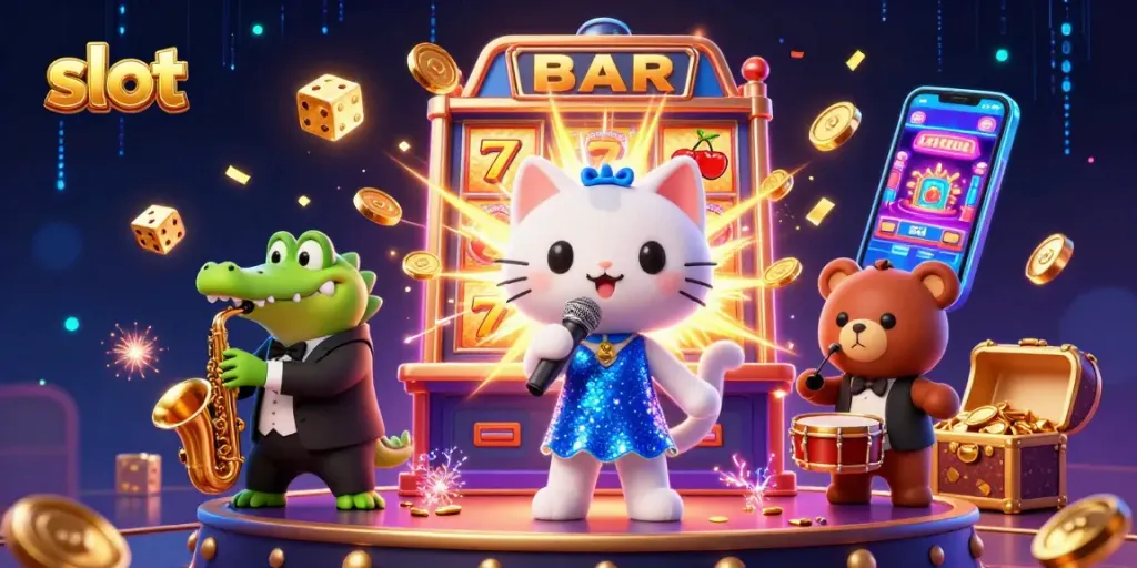 Memenangkan jackpot slot di RUPIAHSLOT88 sambil menikmati pertunjukan seni kasino dengan karakter animasi.