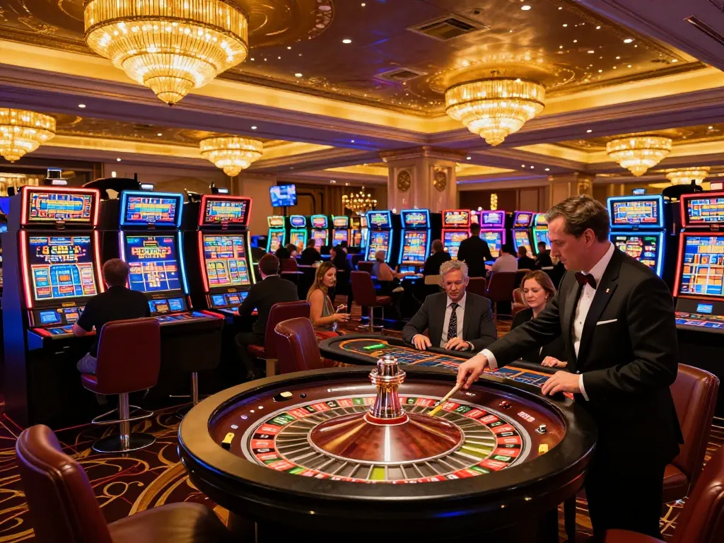 Players enjoying slots and roulette at SC88 casino, vibrant atmosphere and luxury decor.