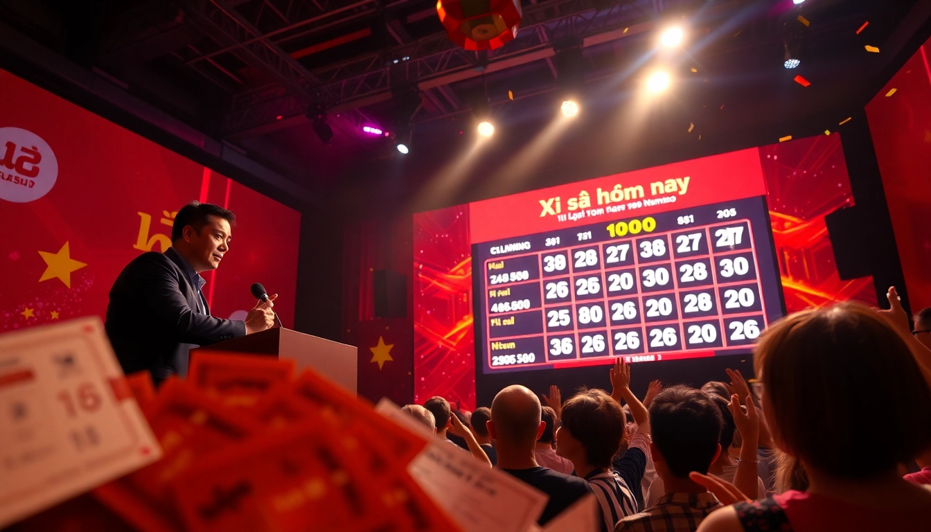 Xổ số hôm nay results announced at a lively lottery event with audience excitement.