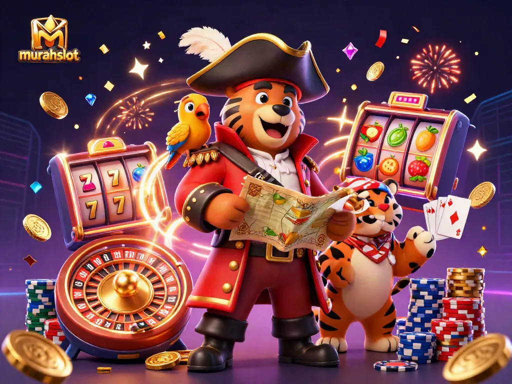Experience thrilling gameplay at murahslot with exciting casino illustrations including slots and golden coins.