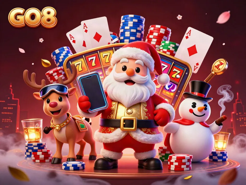 Experience excitement with GO 8 as Santa spins jackpot slots with poker chips and festive characters.