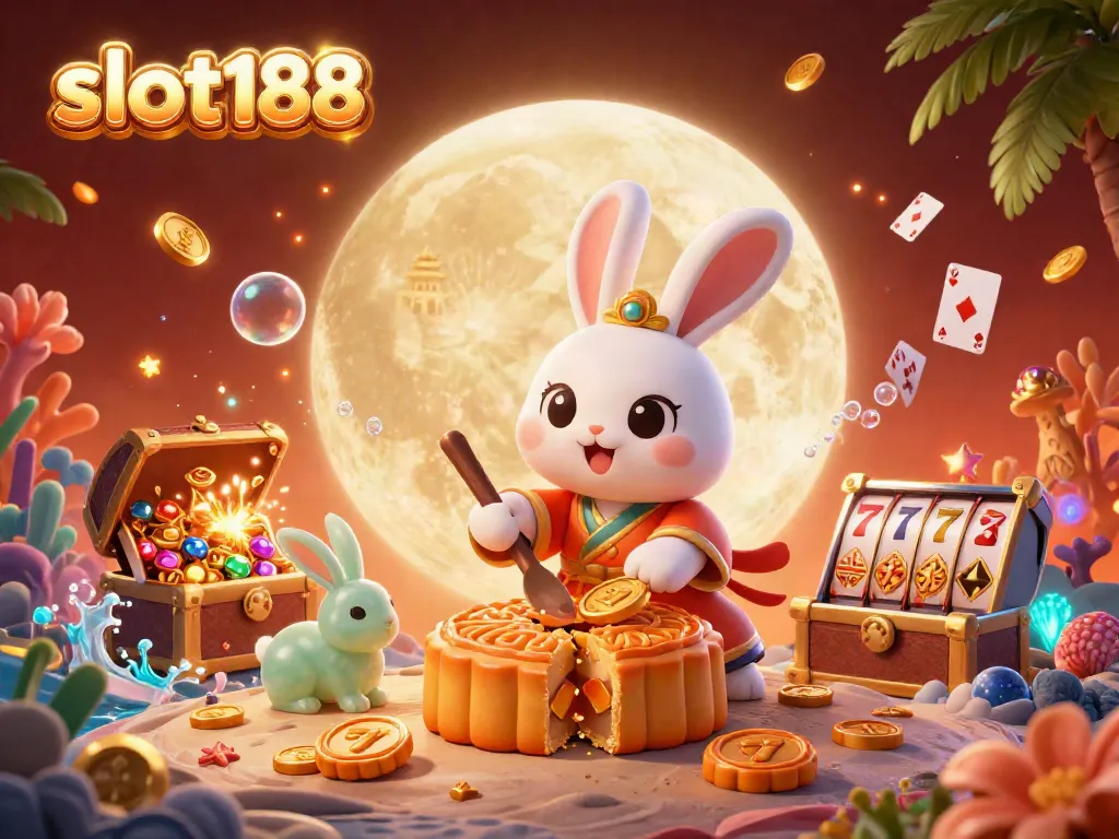 SLOT188 menghadirkan suasana menyenangkan dengan karakter kelinci yang mengejar jackpot dan permainan slot di latar bulan.