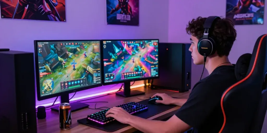 Sesi permainan Natunatoto dengan monitor ganda dan pencahayaan RGB yang hidup