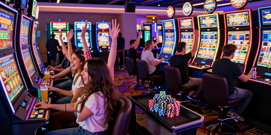 Friends celebrating a win at a vibrant slot gacor gaming area, colorful machines and casino atmosphere.