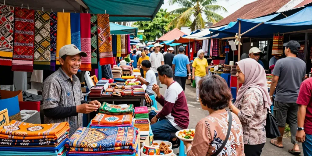 Pasar tradisional Cirebon dengan berbagai barang kerajinan, menampilkan cirebon toto secara menarik.