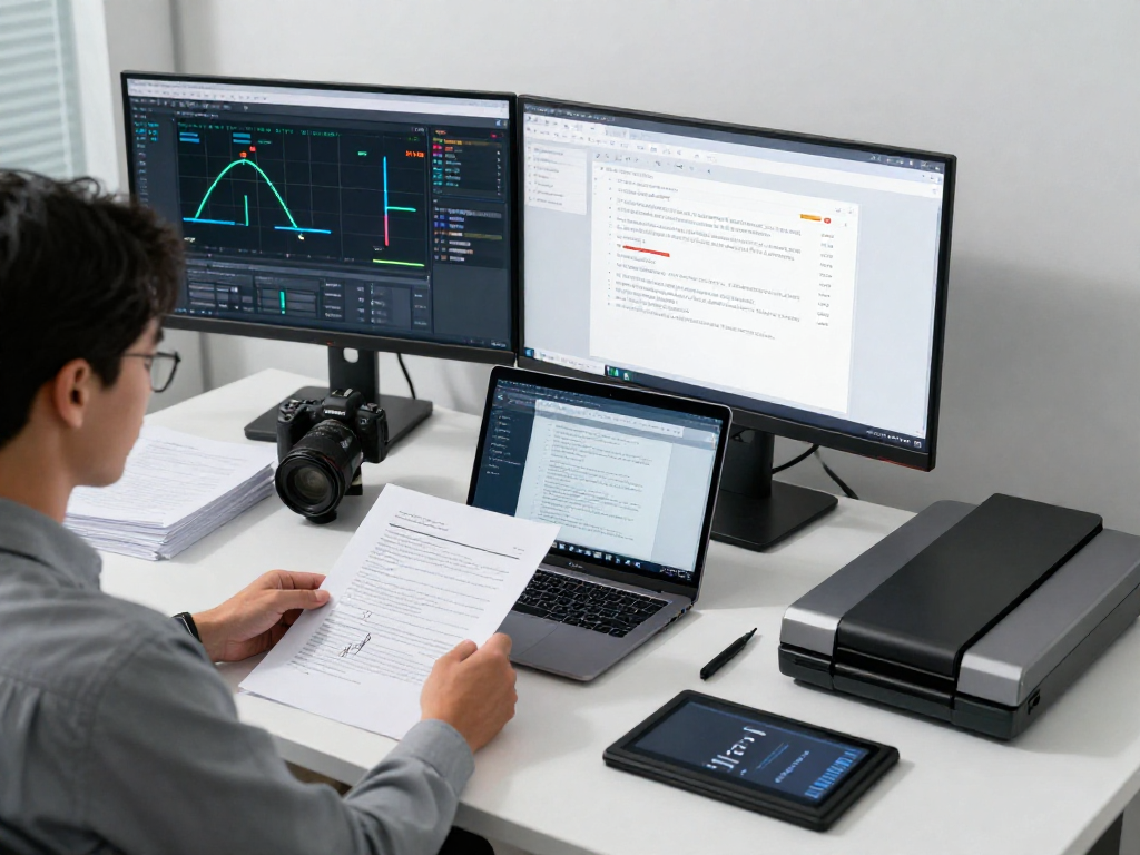 Professional analyzing document fraud detection data with advanced AI tools in a modern office