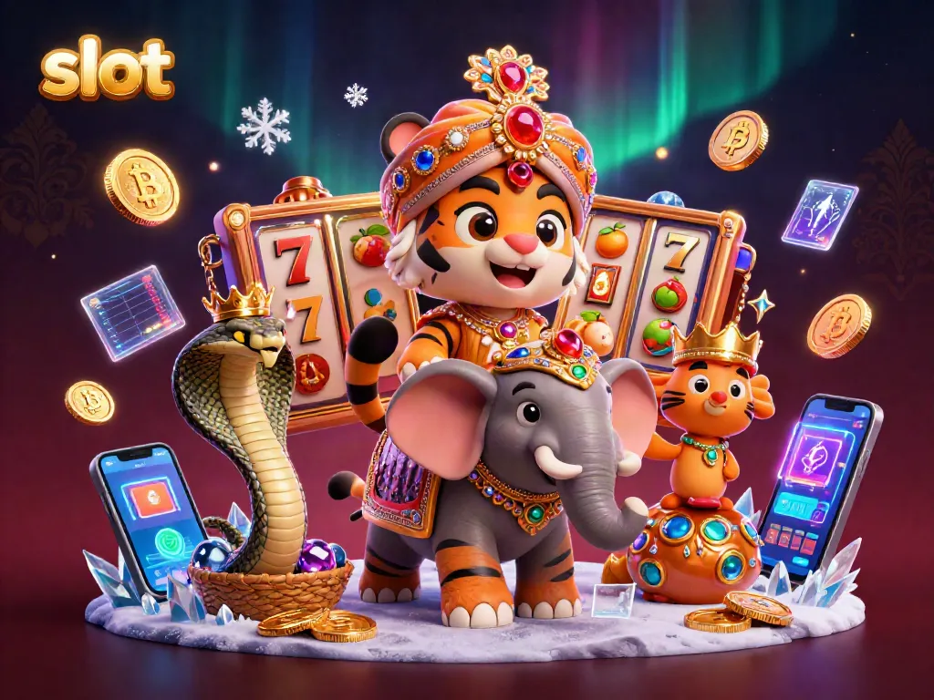 Menghadapi slot dengan simbol keberuntungan dan jackpot, gambar karakter 3D ceria di dalam kasino.