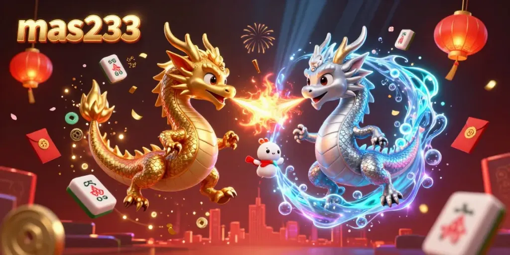 Gambarkan aksi mas233 yang menakjubkan dengan naga 3D berwarna emas dan perak, dikelilingi elemen perjudian yang menarik.