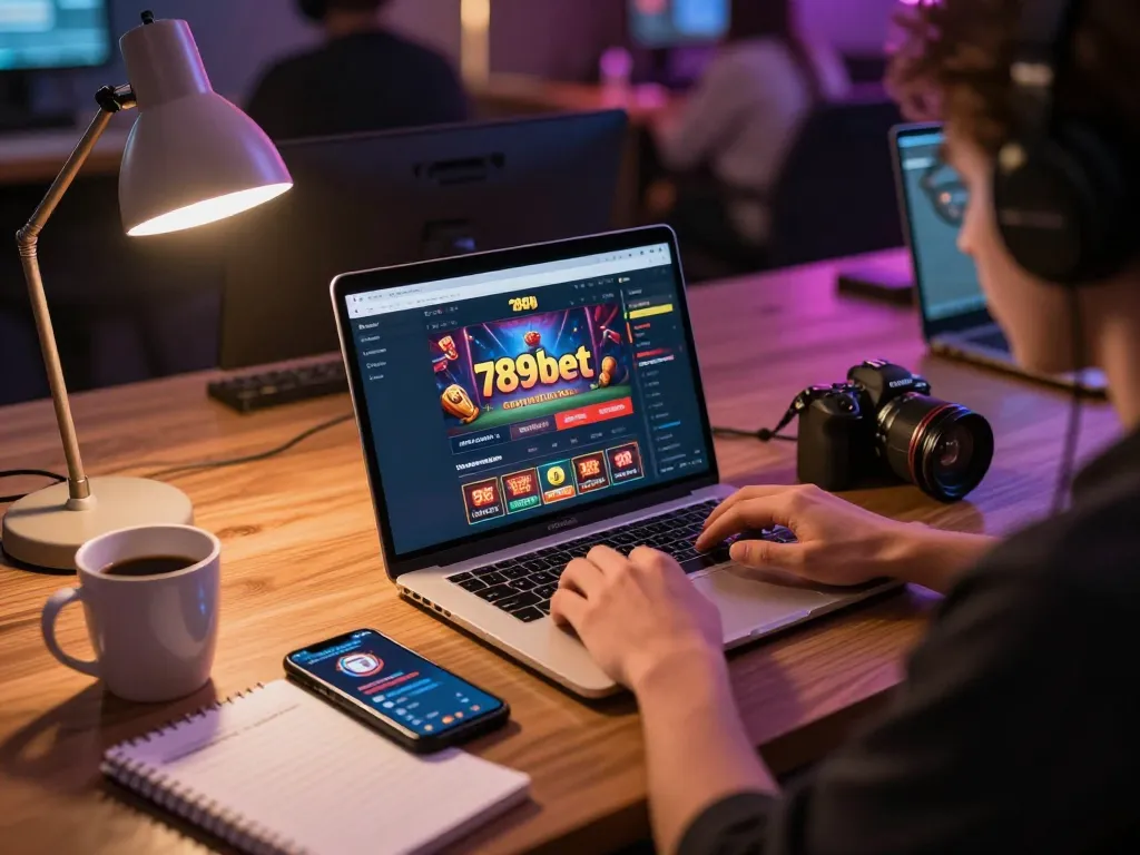 Engaging online gaming session at 789bet with focus on laptop and strategic notes.