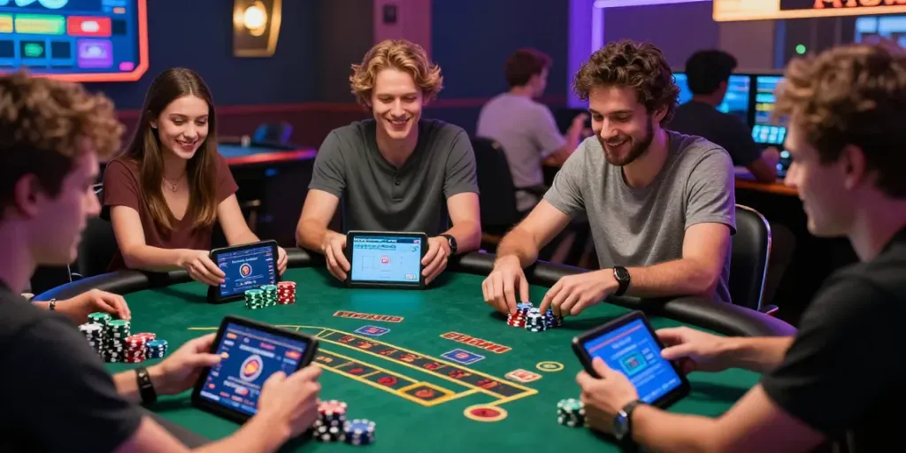 Players enjoying 2up casino games at a lively virtual gaming table with digital elements.