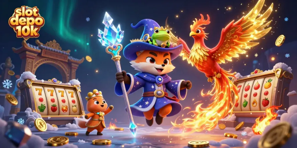 Spin the reels at slot depo 10k with a mystical fox wizard in an enchanting casino scene.