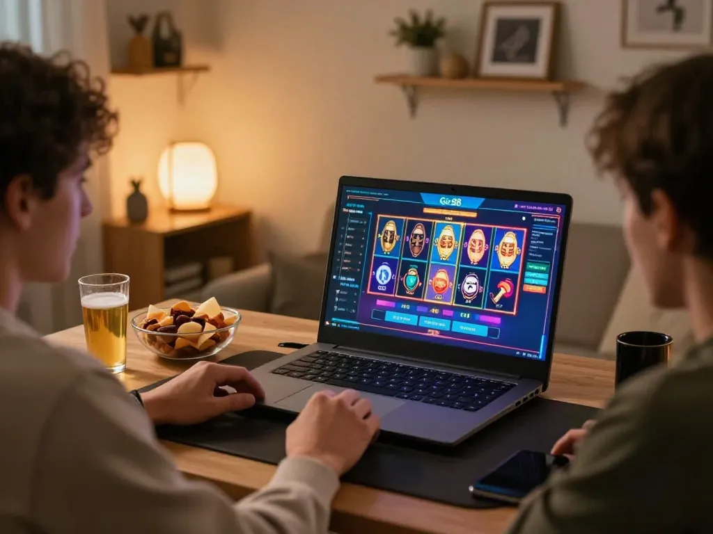 Người chơi tận hưởng các trò chơi slot trực tuyến Go 88 trên máy tính xách tay tại nhà, thể hiện lối chơi hấp dẫn.