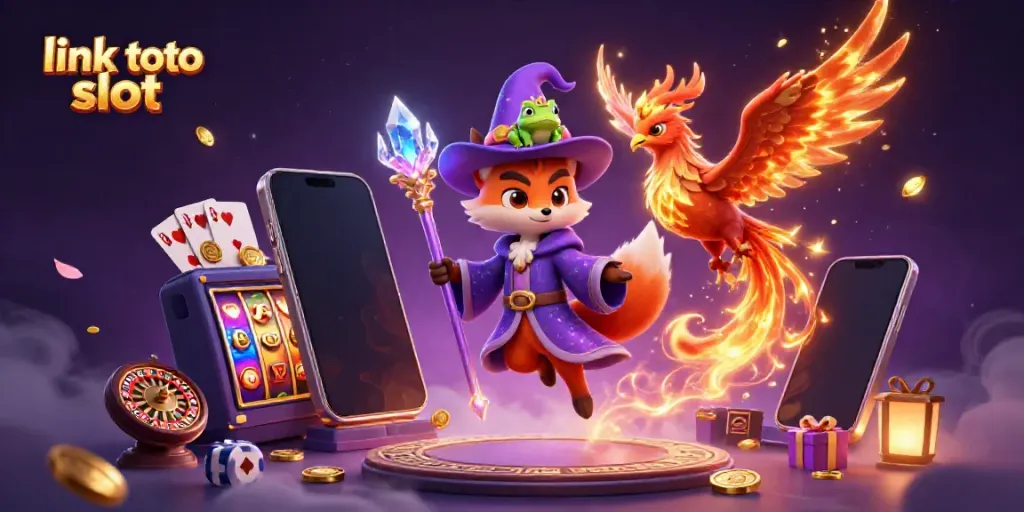 Menggandeng link toto slot, wizard fox dan phoenix bersinar dalam ilustrasi 3D permainan kasino.