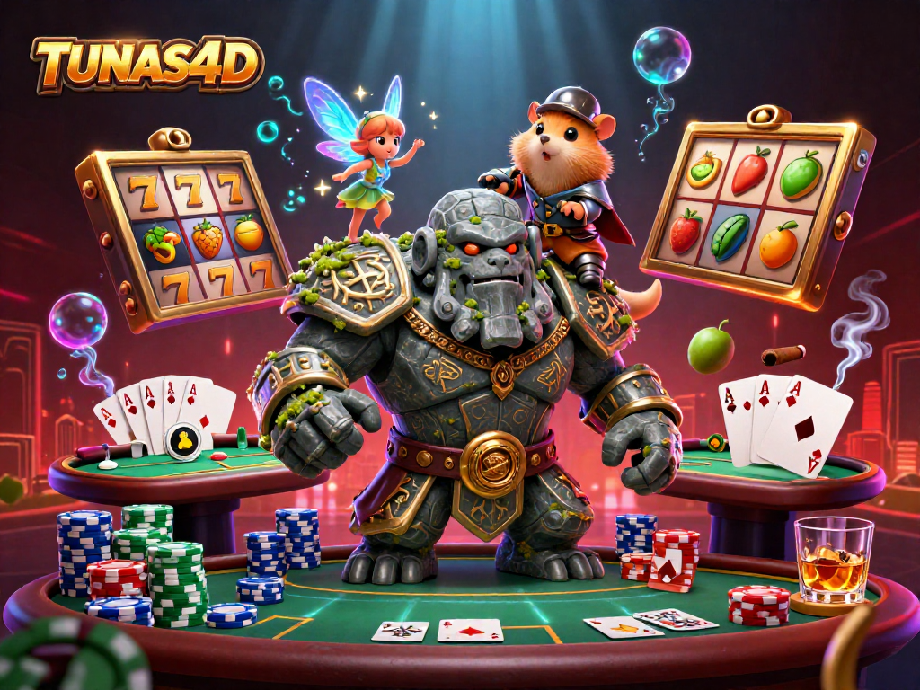 TUNAS4D features an enchanting scene with a magical golem, fairy, and hamster knight amidst vibrant slot elements.
