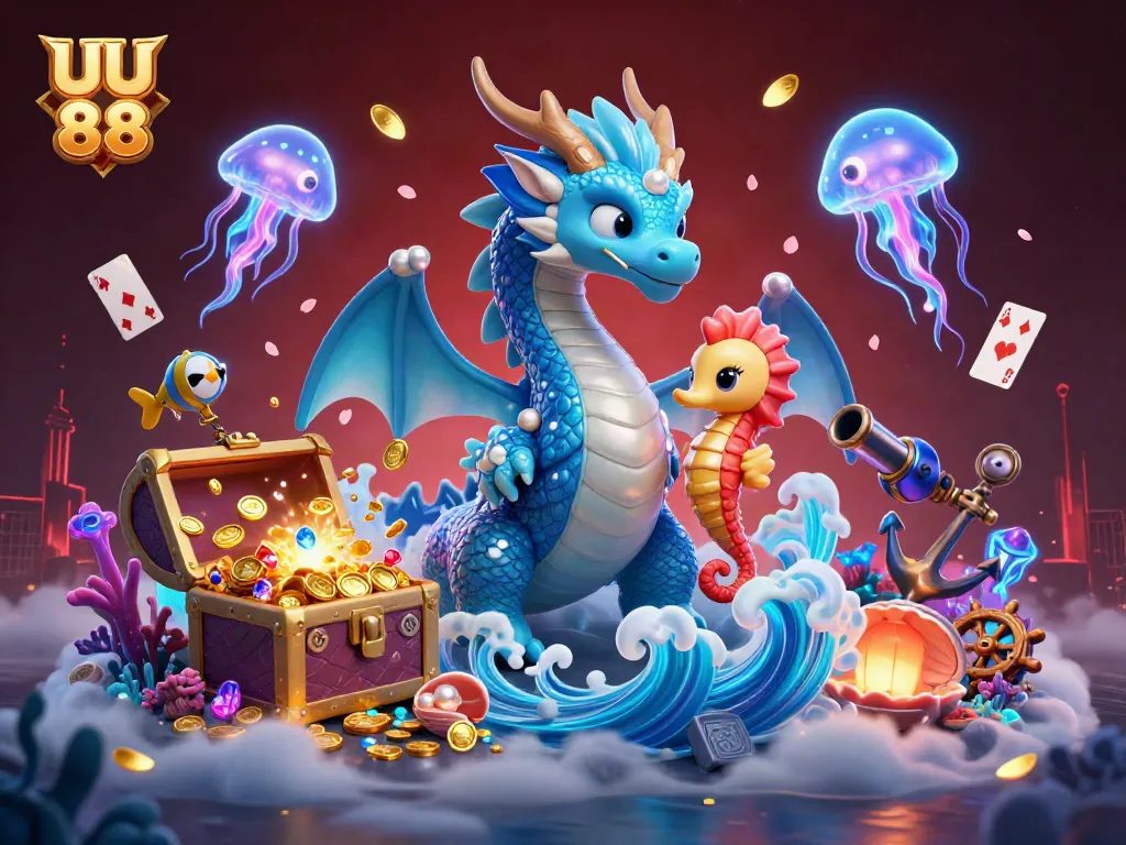 Experience the vibrant underwater world of UU 88 with glowing characters and dynamic casino elements.