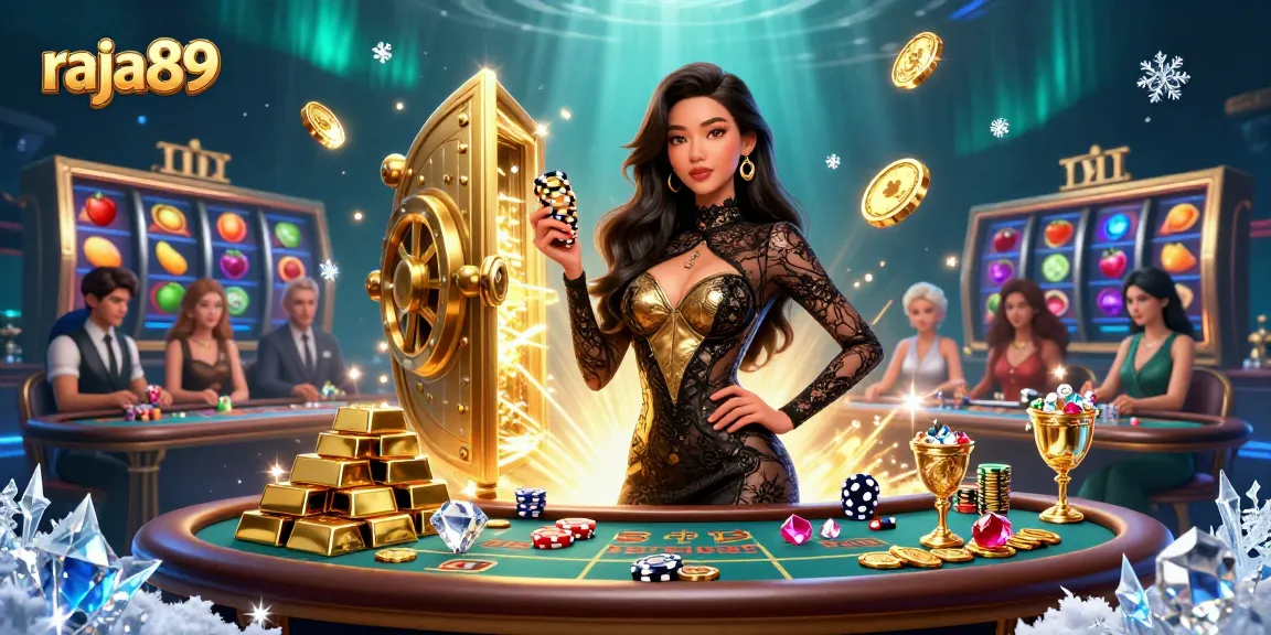 Bet on raja89 with stunning visuals, featuring a confident dealer amidst dynamic slot reels.