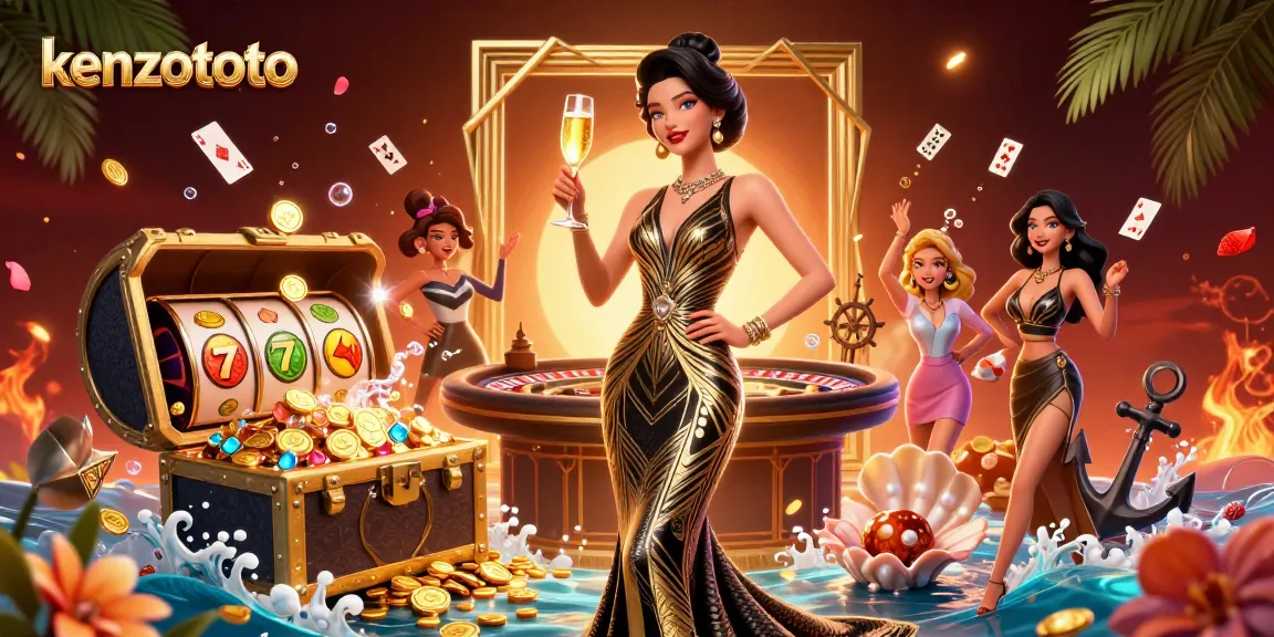 Kenzototo offers thrilling slot gaming action featuring a glamorous Asian woman celebrating wins in a vibrant casino.