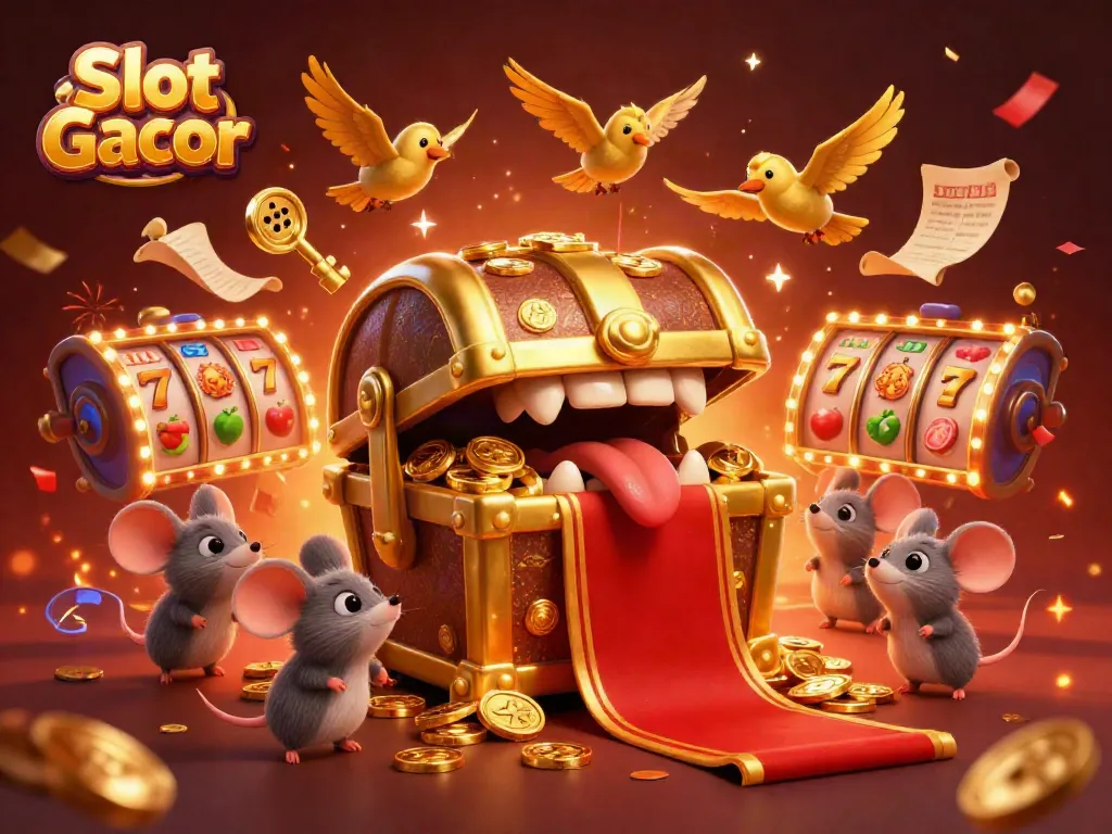 Visualisasi Slot Gacor dengan peti harta karun dan simbol keberuntungan untuk peminat permainan.