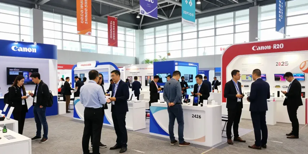 Eksibitor showcasing innovative products at a 2026 trade show, with attendees networking.