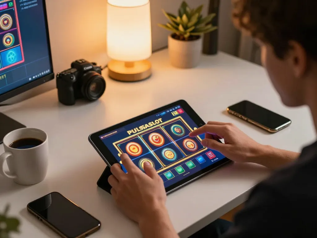 PULSASLOT player engaging with tablet games in modern cozy setup, showing strategic play.