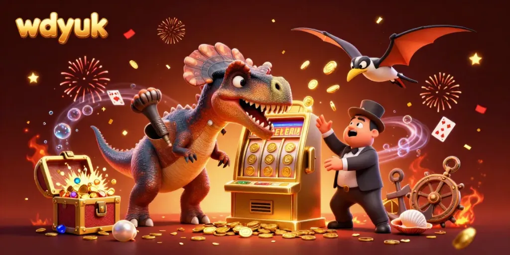 Watch the wdyuk pachycephalosaurus win jackpot coins from a slot machine amid colorful casino chaos