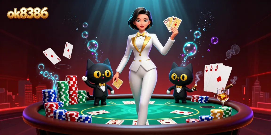 Play winning hands in poker at ok8386 with a glamorous dealer and colorful chips.