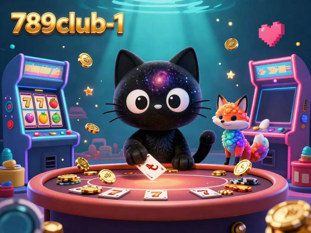 Experience the vibrant gaming environment at 789club-1 with a cosmic cartoon cat pulling in chips and cards.
