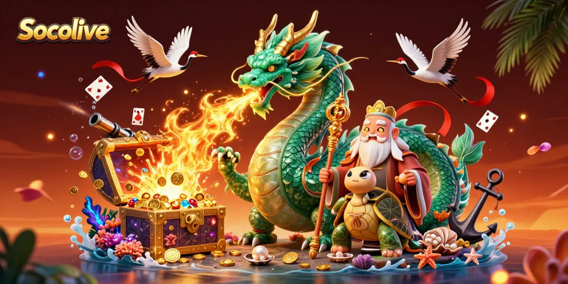 Socolive showcases a vibrant gaming scene with a powerful jade dragon and lucky cranes.