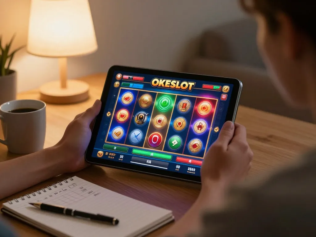 Engage in thrilling online gaming at OKESLOT with a vibrant slot machine interface in a cozy home.