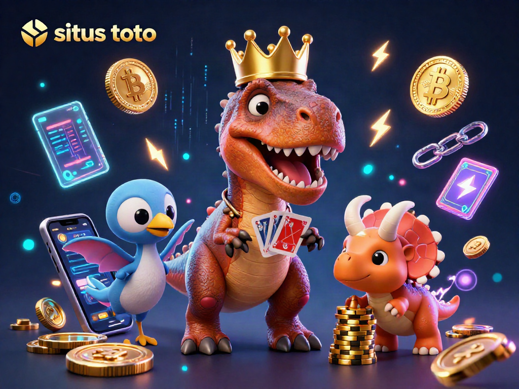 Gambaran interaksi situs toto dengan T-Rex, pterodactyl, dan triceratops dalam suasana kasino yang ceria.