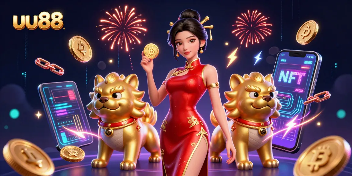 Win big at uu88 with thrilling 3D casino action, featuring a glamorous Asian woman and golden guardians.