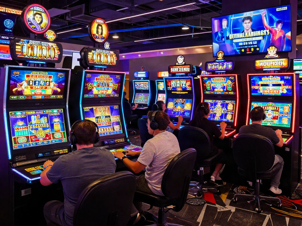 Pengalaman bandar slot online dengan pemain beragam merayakan kemenangan di kasino virtual yang cerah.