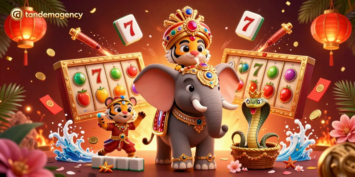 Tandemagency promotes a vibrant online casino with a joyous atmosphere featuring a jewel-encrusted elephant and dynamic slot elements.