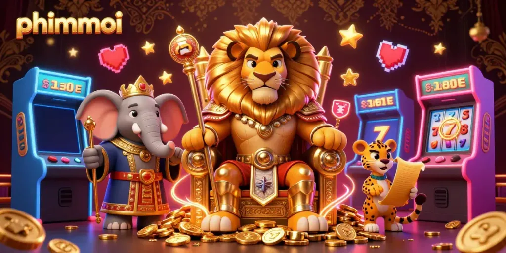 Experience the thrill of phimmoi as a regal lion king presides over a vibrant casino scene.