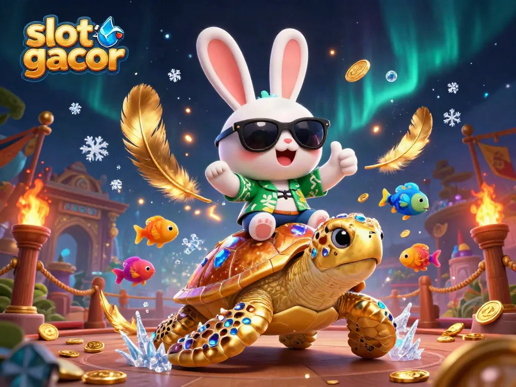 Experience the excitement of slot gacor with a colorful 3D scene featuring a lucky rabbit and a golden turtle among gems and ocean life.