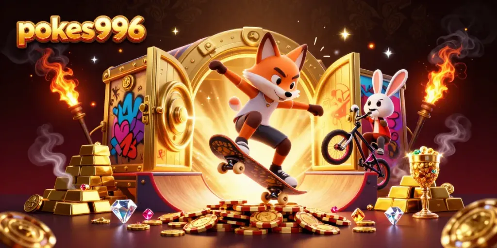 Engage in thrilling pokies996 action with a cartoon fox and rabbit in a vibrant casino scene.