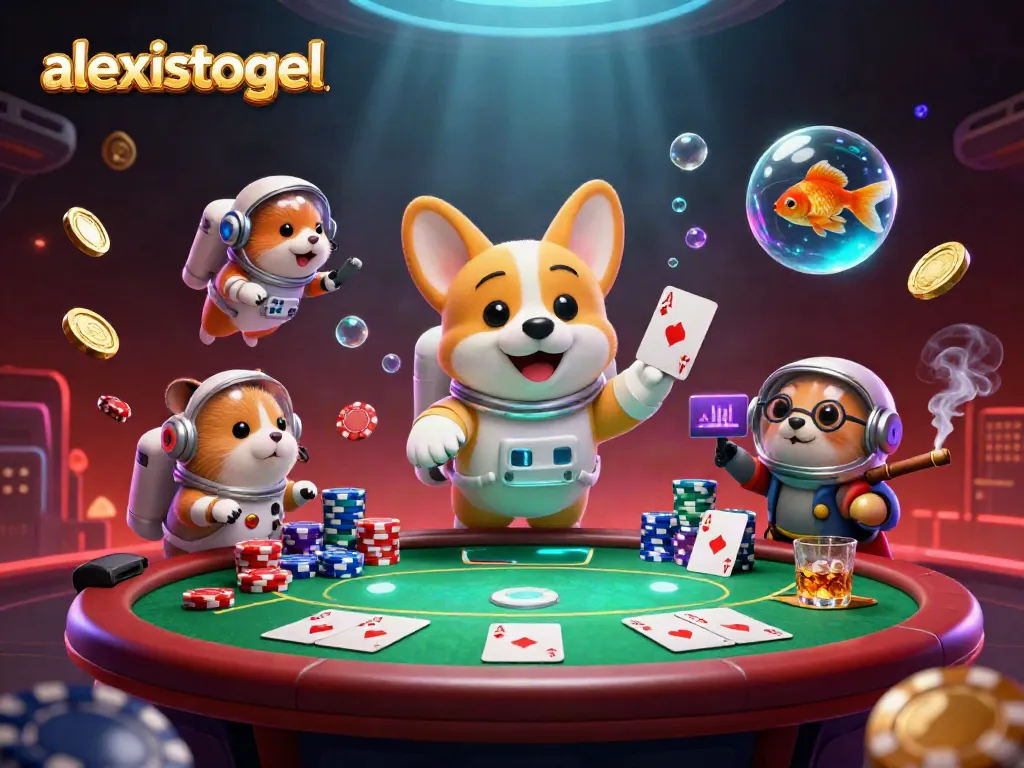 Menangkan hadiah besar di dunia perjudian dengan alexistogel, dikelilingi karakter kasino luar angkasa dan chip poker melayang.