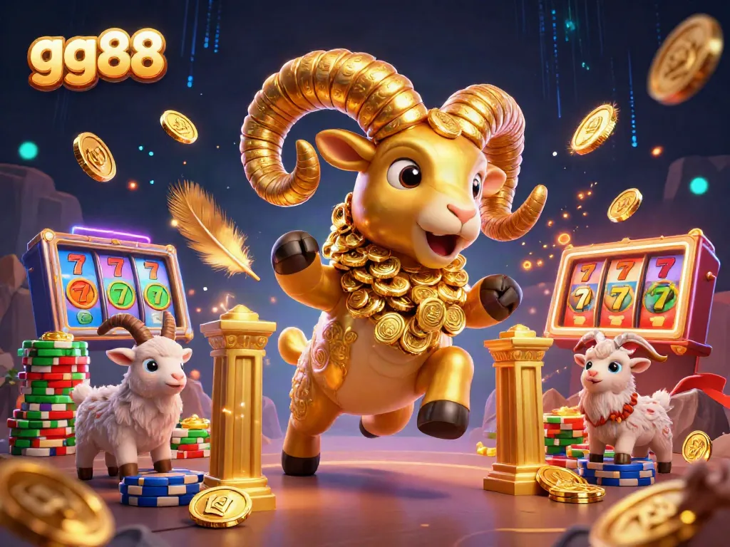 gg88 gaming scene with a golden ram charging into a casino, surrounded by slot reels and vibrant light.